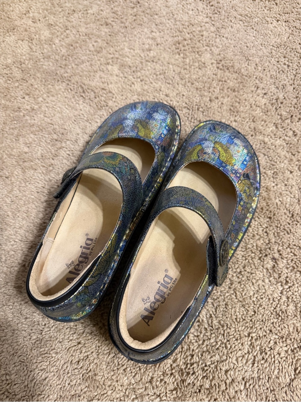 Alegria women’s Metallic Blue Floral Mary Jane Shoes